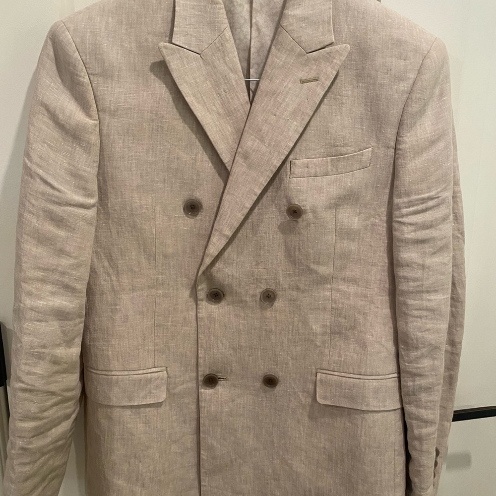 Off white linen double breasted suit